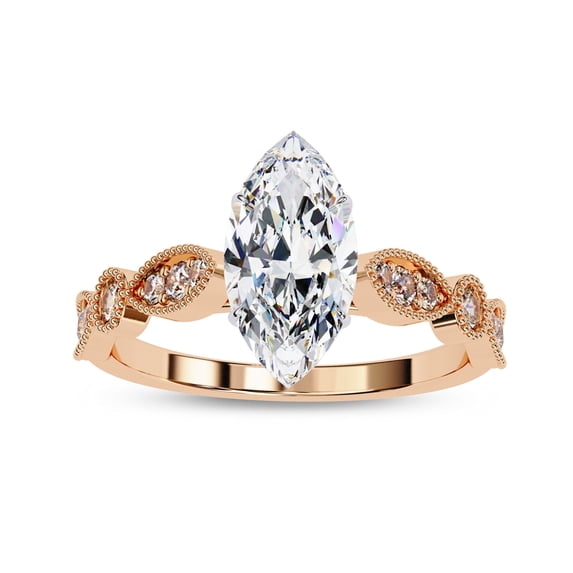 IGI Certified Lab Grown Diamond Engagement Ring | Center 10x5mm Marquise Cut Beaded Solitaire Stackable Promise Rings For Women In 14k Solid Rose Gold | F-G, VS-SI Quality (1.05 Ctw) Ring Size-5