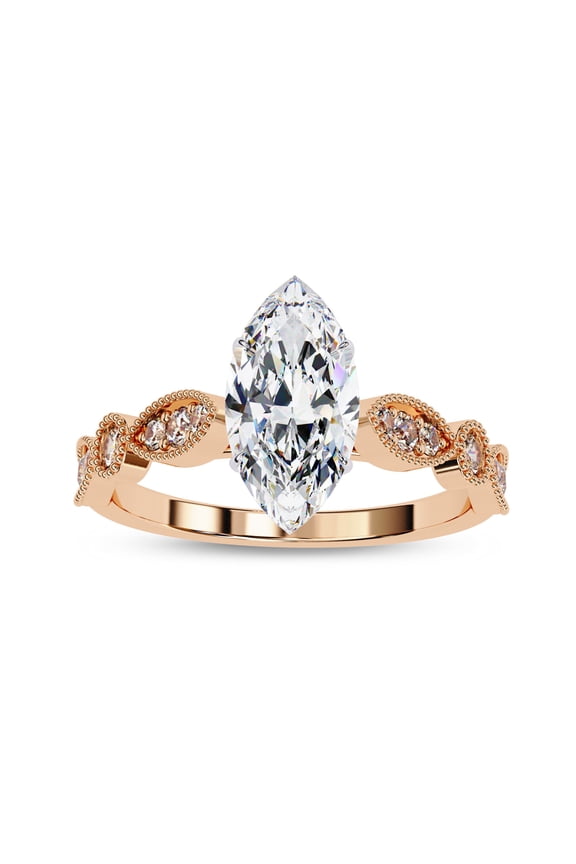 IGI Certified Lab Grown Diamond Engagement Ring | Center 10x5mm Marquise Cut Beaded Solitaire Stackable Promise Rings For Women In 14k Solid Rose Gold | F-G, VS-SI Quality (1.05 Ctw) Ring Size-4