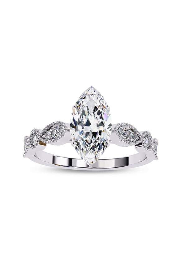 IGI Certified Lab Grown Diamond Engagement Ring | Center 10x5mm Marquise Cut Beaded Solitaire Stackable Promise Rings For Women In 14k Solid White Gold | F-G, VS-SI Quality (1.05 Ctw) Ring Size-4