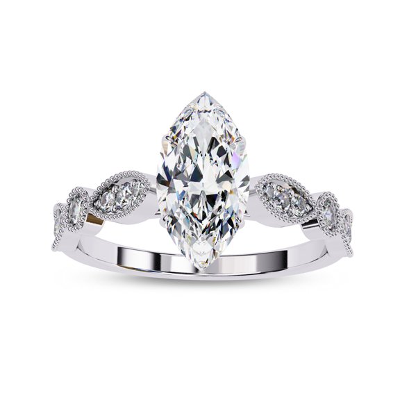 IGI Certified Lab Grown Diamond Engagement Ring | Center 10x5mm Marquise Cut Beaded Solitaire Stackable Promise Rings For Women In 18k Solid White Gold | F-G, VS-SI Quality (1.05 Ctw) Ring Size-6.5