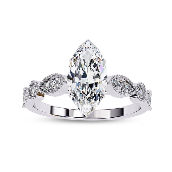 IGI Certified Lab Grown Diamond Engagement Ring | Center 10x5mm Marquise Cut Beaded Solitaire Stackable Promise Rings For Women In 18k Solid White Gold | F-G, VS-SI Quality (1.05 Ctw) Ring Size-8.5