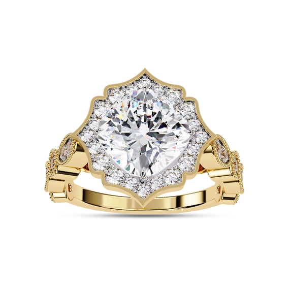 IGI Certified Lab Grown Diamond Engagement Ring | Center 7.5MM Cushion Cut Beaded Floral Halo Wedding Rings For Women In 14k Solid Yellow Gold | F-G, VS-SI Quality (2.55 Ctw) Ring Size-8.5