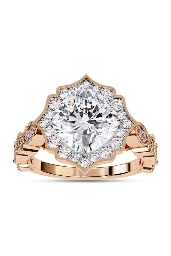 IGI Certified Lab Grown Diamond Engagement Ring | Center 7.5MM Cushion Cut Beaded Floral Halo Wedding Rings For Women In 14k Solid Rose Gold | F-G, VS-SI Quality (2.55 Ctw) Ring Size-8