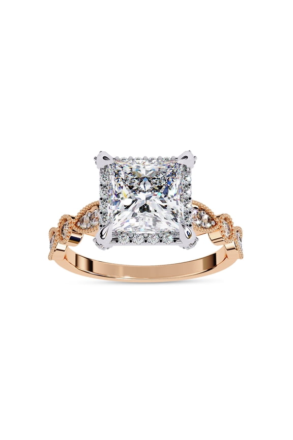 IGI Certified Hidden Halo Beaded Solitaire Engagement Ring for Women, 2.50 Carat (ctw) Princess and Round Lab Grown Diamond Ring 14K Solid Rose Gold F-G Color, VS-SI Clarity Size-7.5