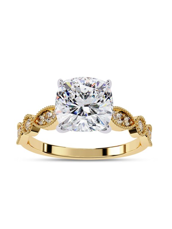 IGI Certified Lab Grown Diamond Engagement Ring | Center 8mm Cushion Cut Beaded Solitaire Stackable Promise Rings For Women In 14k Solid Yellow Gold | F-G, VS-SI Quality (2.90 Ctw)-4