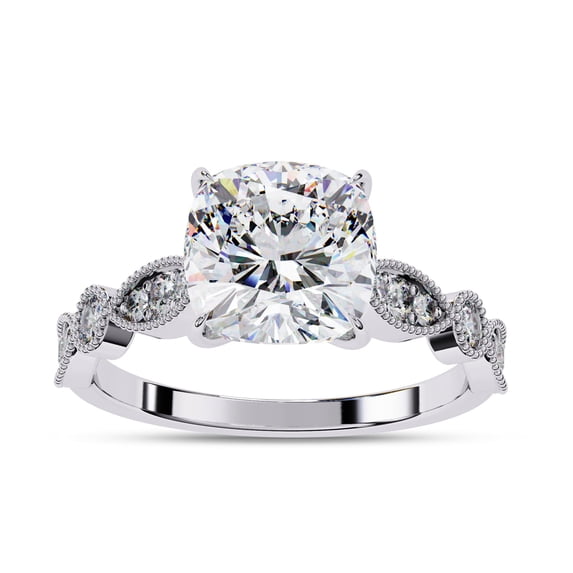 AFFY IGI Certified Lab Grown Diamond Engagement Ring | Center 8mm Cushion Cut Beaded Solitaire Stackable Promise Rings For Women In 18k Solid White Gold | F-G, VS-SI Quality (2.90 Ctw)-7.5