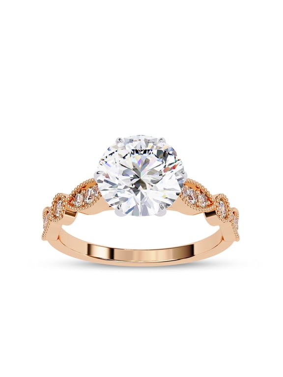 IGI Certified Lab Grown Diamond Engagement Ring | Center 8mm Round Cut Beaded Solitaire Stackable Promise Rings For Women In 14k Solid Rose Gold | F-G, VS-SI Quality (2.16 Ctw) Ring Size-10