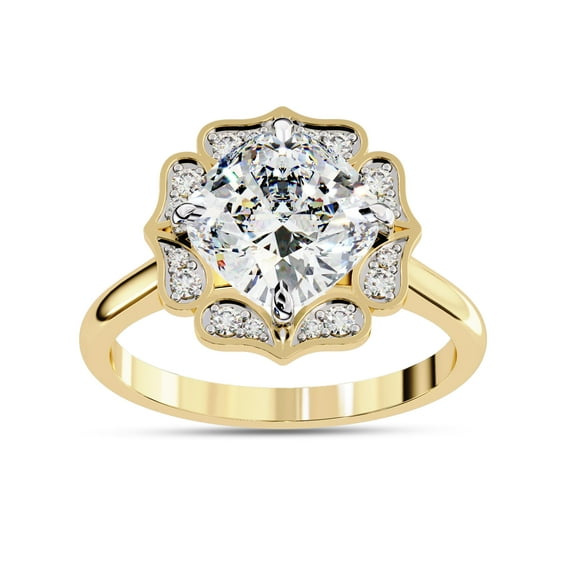 IGI Certified Lab Grown Diamond Engagement Ring | Center 9MM Cushion Cut Floral Halo Solitaire Wedding Rings For Women In 14k Solid Yellow Gold | F-G, VS-SI Quality (3.50 Ctw) Ring Size-5.5