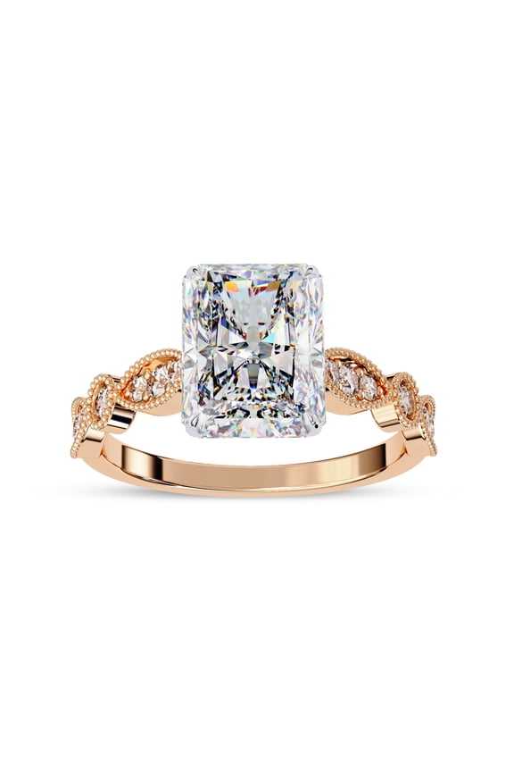 IGI Certified Lab Grown Diamond Engagement Ring | Center 9x7mm Radiant Cut Beaded Solitaire Stackable Promise Rings For Women In 14k Solid Rose Gold | F-G, VS-SI Quality (3.20 Ctw) Ring Size-8