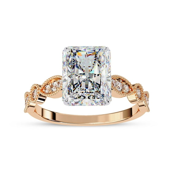 IGI Certified Lab Grown Diamond Engagement Ring | Center 9x7mm Radiant Cut Beaded Solitaire Stackable Promise Rings For Women In 18K Solid Rose Gold | F-G, VS-SI Quality (3.20 Ctw) Ring Size-5