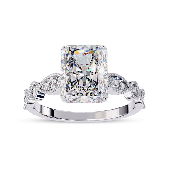 IGI Certified Lab Grown Diamond Engagement Ring | Center 9x7mm Radiant Cut Beaded Solitaire Stackable Promise Rings For Women In 18k Solid White Gold | F-G, VS-SI Quality (3.20 Ctw) Ring Size-10