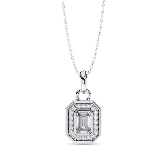 IGI Certified Lab Grown Diamond Halo Pendant Necklace for Women | Center 6.5x4.5mm Emerald Cut Diamond Necklace with 18 Inch Chain 18K Solid White Gold F-G, VS-SI Quality (0.90 Cttw)
