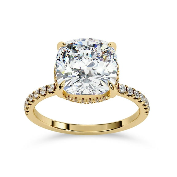 IGI Certified Lab Grown Diamond Hidden Halo Solitaire Engagement Ring, Center 9.25mm Cushion Cut Stackable Wedding Rings For Women In 14K Solid Yellow Gold F-G, VS-SI Quality (3.50 Cttw) Ring Size-4