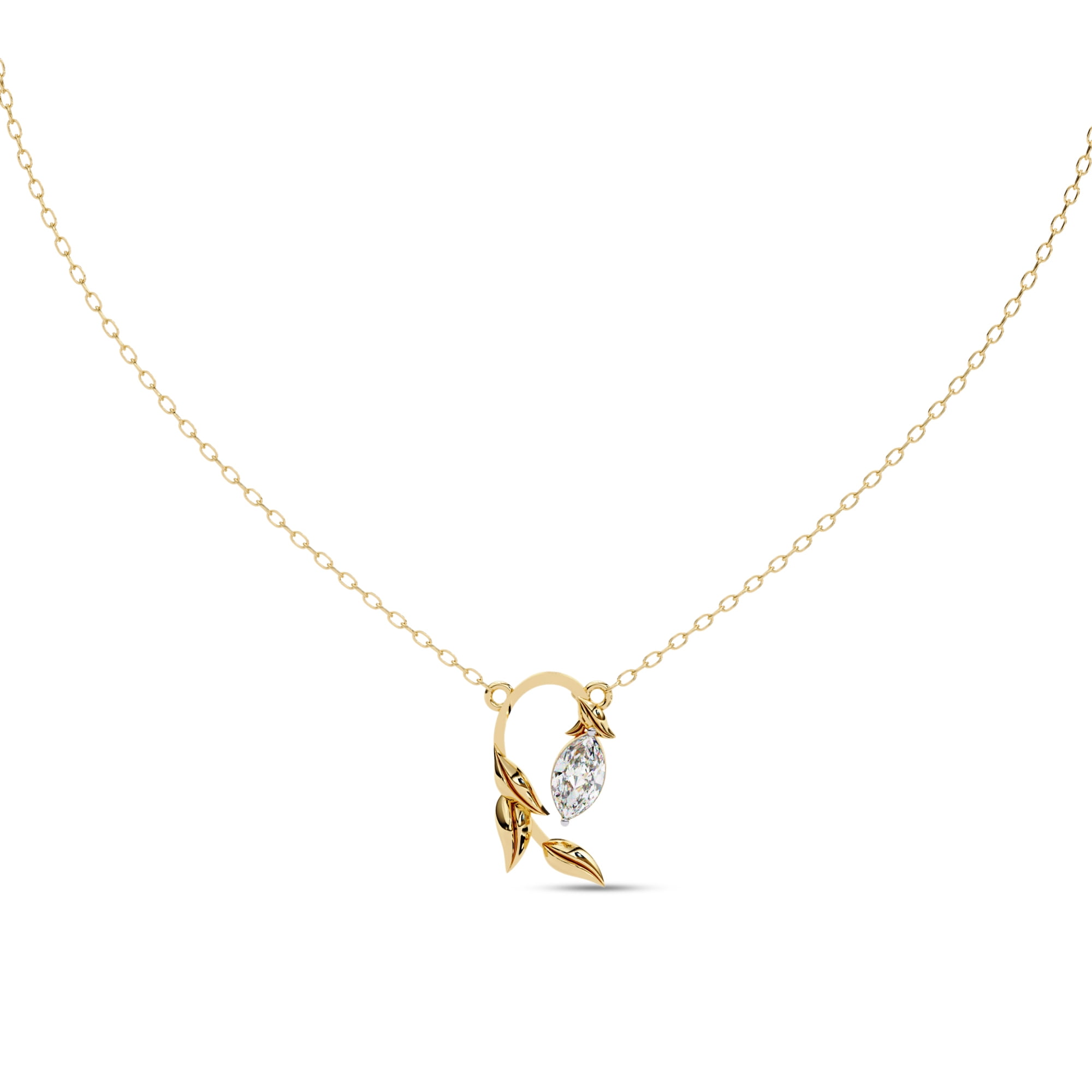 IGI Certified Lab Grown Diamond Olive Leaf Branch Pendant Necklace for Women | Marquise Cut Diamond Necklace with 18 Inch Cable Chain 14K Solid Yellow Gold F-G, VS-SI Quality (0.50 Ctw)