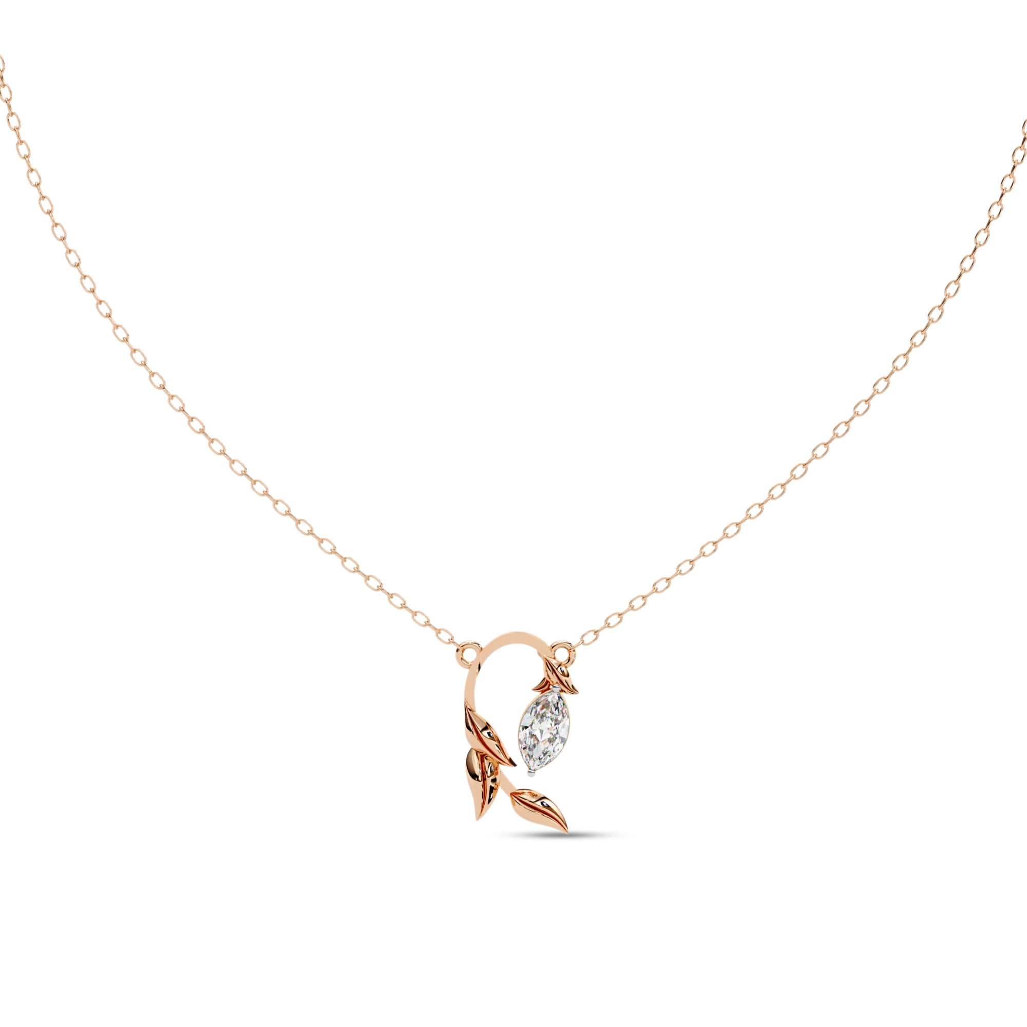 IGI Certified Lab Grown Diamond Olive Leaf Branch Pendant Necklace for Women | Marquise Cut Diamond Necklace with 18 Inch Cable Chain 18K Solid Rose Gold F-G, VS-SI Quality (0.50 Ctw)