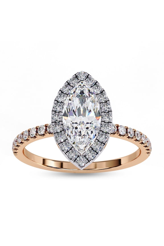 IGI Certified Lab Grown Diamond Ring | Center 10x5MM Marquise Cut Solitaire Halo Engagement Promise Rings For Women In 18k Solid Rose Gold | F-G, VS-SI Quality (1.16 Ctw) Ring Size-7