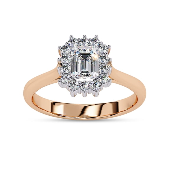 IGI Certified Lab Grown Diamond Ring | Center 5x4mm Emerald Cut Halo Cluster Engagement Promise Rings For Women In 14k Solid Rose Gold | F-G, VS-SI Quality (0.50 Ctw) Ring Size-9