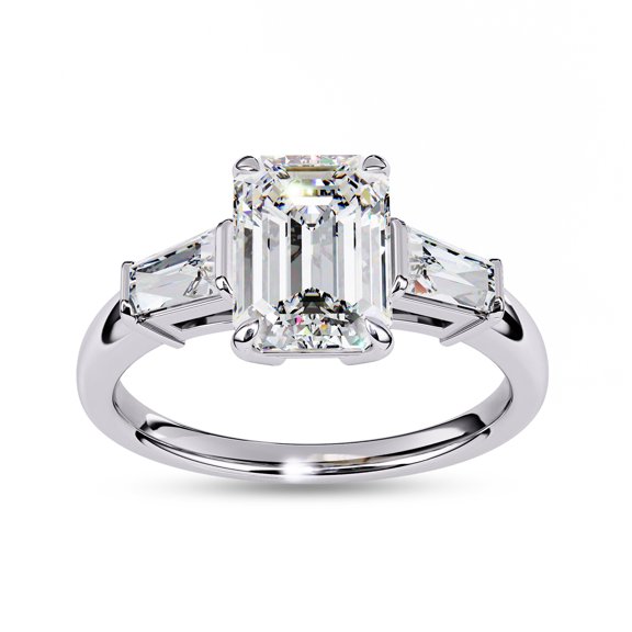 IGI Certified Lab Grown Diamond Ring | Center 9x6.5mm Emerald Cut Three Stone Engagement Promise Rings For Women In 14k Solid White Gold | F-G, VS-SI Quality (2.90 Ctw) Ring Size-8.5