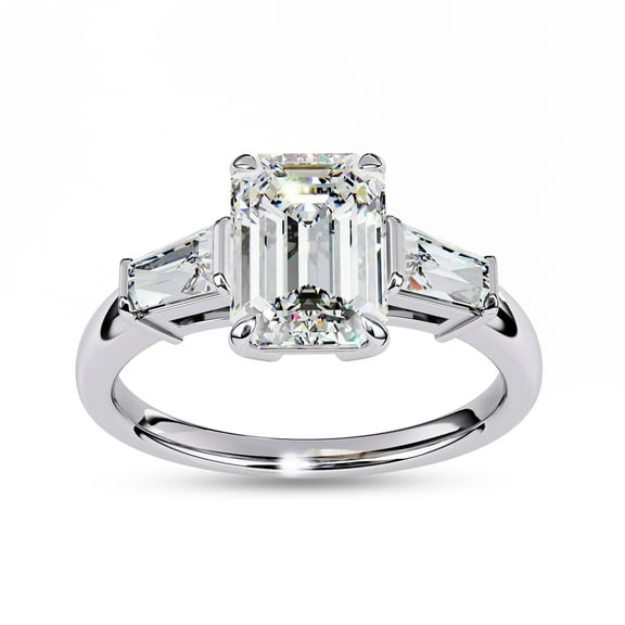 IGI Certified Lab Grown Diamond Ring | Center 9x6.5mm Emerald Cut Three Stone Engagement Promise Rings For Women In 18k Solid White Gold | F-G, VS-SI Quality (2.90 Ctw) Ring Size-7.5