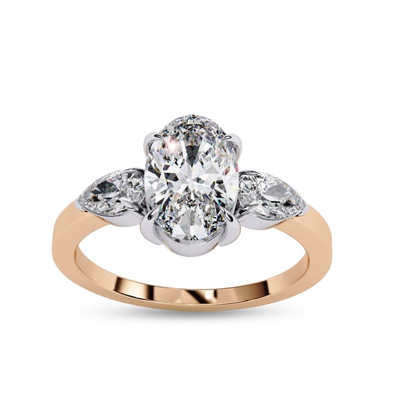 IGI Certified Lab Grown Diamond Ring | Center 9x6mm Oval Cut Three Stone Engagement Promise Rings For Women In 14k Solid Rose Gold | F-G, VS-SI Quality (1.50 Ctw) Ring Size-6
