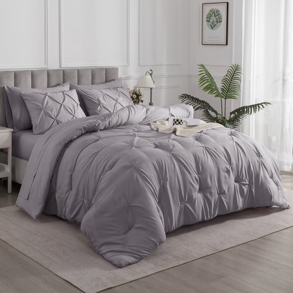 IGI Full Ashy Gray Comforter Set- 7 Pieces Pintuck Bedding Set with Comforters, Sheets, Pillowcases & Shams
