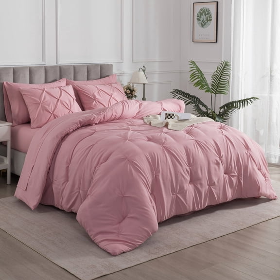 IGI Full Candy Pink Comforter Set- 7 Pieces Pintuck Bedding Set with Comforters, Sheets, Pillowcases & Shams