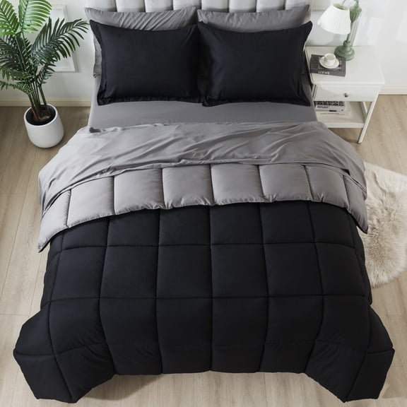 IGI King Size Reversible 7 Piece Comforter Set - Complete Bed in a Bag - Black/Gray