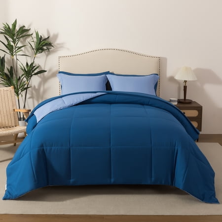 IGI King Size Reversible 7 Piece Comforter Set - Complete Bed in a Bag - Blue/Grape