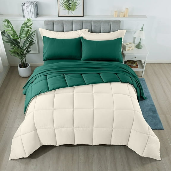 IGI King Size 7 Piece Comforter Set | Bed in a Bag for Unisex Adult | Vanilla/Evergreen