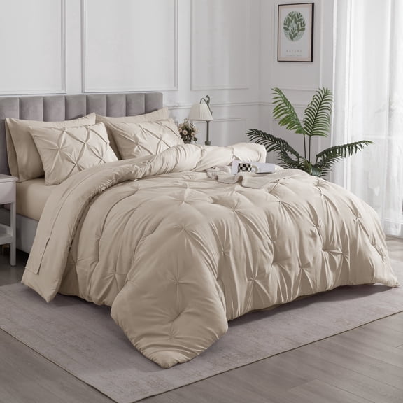 IGI Queen Size 7 Pieces Pintuck Comforter Set - Pinch Pleat All Season Bedding Set - Latte Brown
