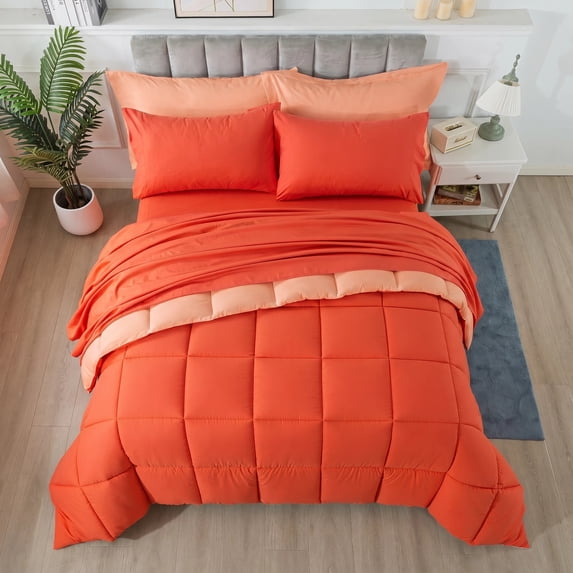 IGI Queen Size Reversible 7 Piece Comforter Set - Complete Bed in a Bag - Red/Dhalia