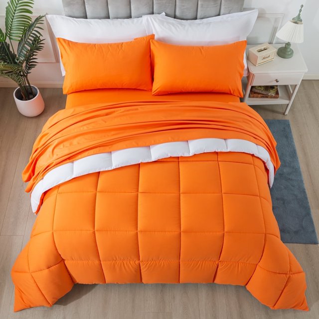 IGI Queen Size 7 Piece Comforter Set | Bed in a Bag for Unisex Adult | White/Orange