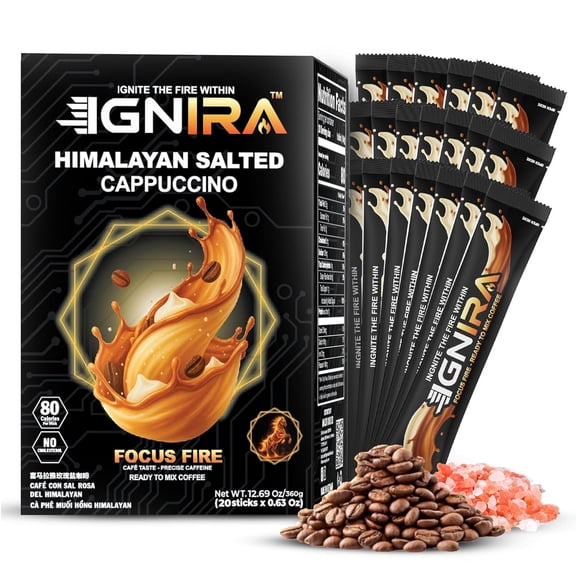 IGNIRA Himalayan Salted Cappuccino, Premium Instant Coffees, Café Taste with Unique Flavor, No Soybeans, Focus Fire Energy, 20 Sticks (12.69 oz)