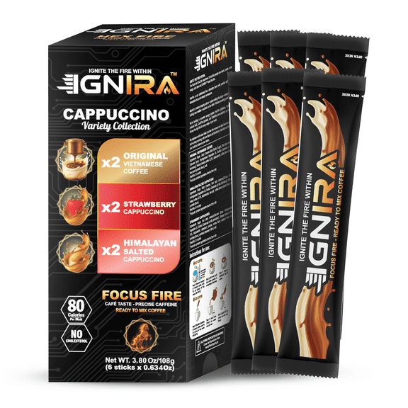 IGNIRA Premium Instant Coffee, Cappuccino Variety Pack, Strawberry, Original & Himalayan Salted Coffees, Caf Taste, No Soybeans, Focus Fire, 6 Sticks (3.81 oz)