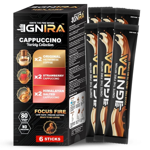 IGNIRA Premium Instant Coffee, Cappuccino Variety Pack, Strawberry, Original & Himalayan Salted Coffees, Caf Taste, No Soybeans, Focus Fire, 6 Sticks (3.81 oz)