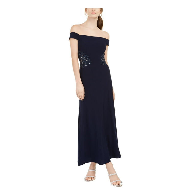 IGNITE EVENINGS Womens Navy Embellished Ruched Off Shoulder Maxi Evening Dress Petites 14P Walmart