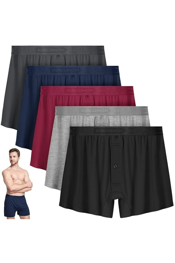 Mens Underwear Boxer Shorts 5 Pack Bamboo Rayon Boxers for Men Classic Relaxed Fit Boxer Shorts with Button Fly