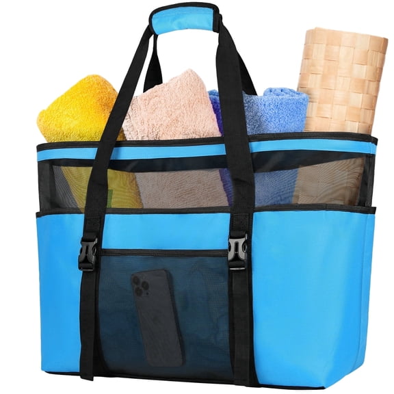 RAINSMORE Mesh Beach Bag Large Beach Tote Bag for Women Contains Wicker Rope Handles Foldable Shoulder Bag Handbag for Work,Blue
