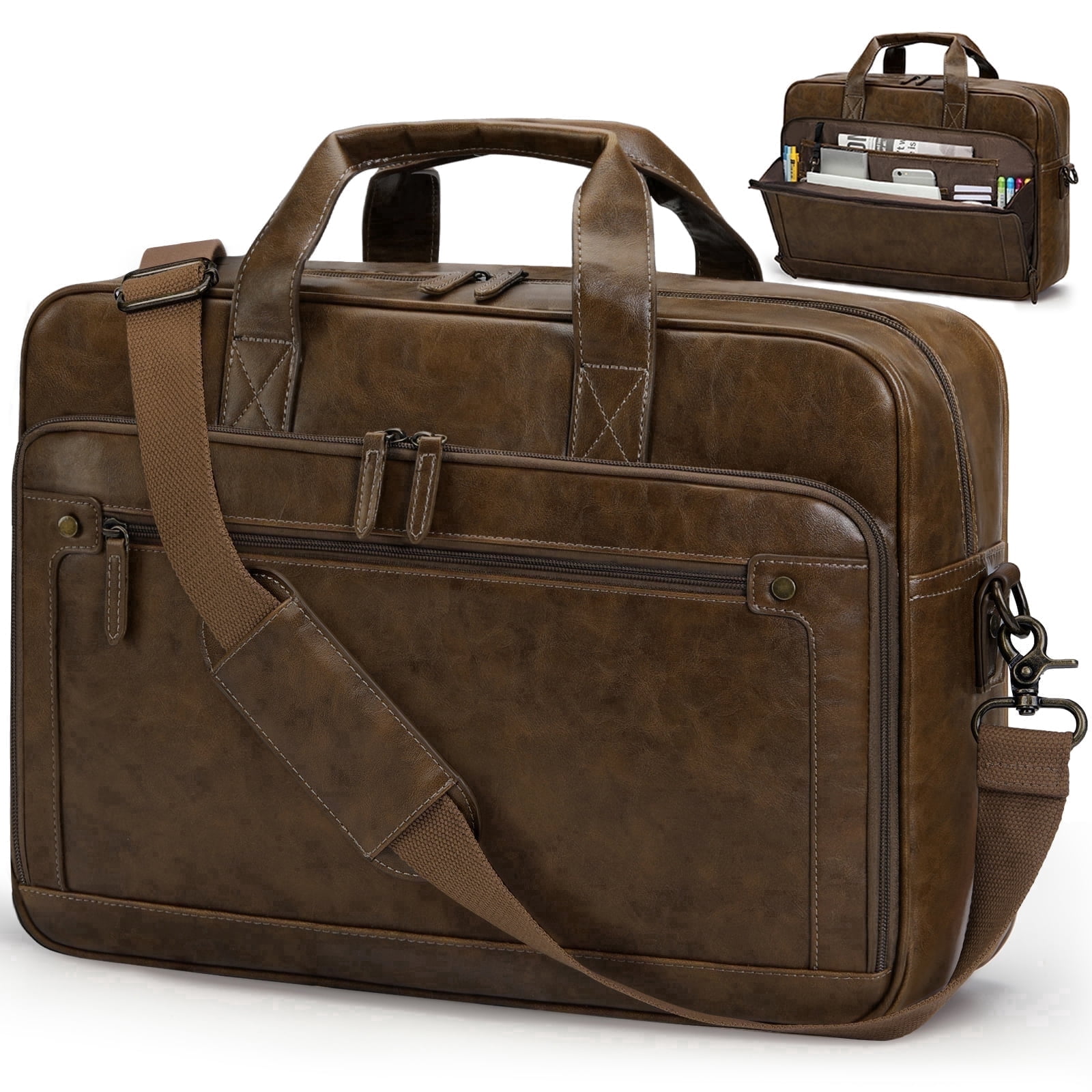 RAINSMORE Messenger Bag for Men 16 Inch Laptop Bag Leather Briefcase Vintage Crossbody Shoulder Office Computer Bag Retro College Satchel Bag for Work, Business, Brown