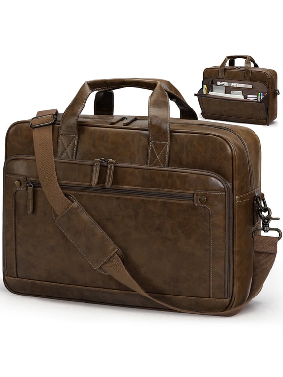 Messenger Bag for Men 16 Inch Laptop Bag Leather Briefcase Vintage Crossbody Shoulder Office Computer Bag Retro College Satchel Bag for Work, Business, Brown