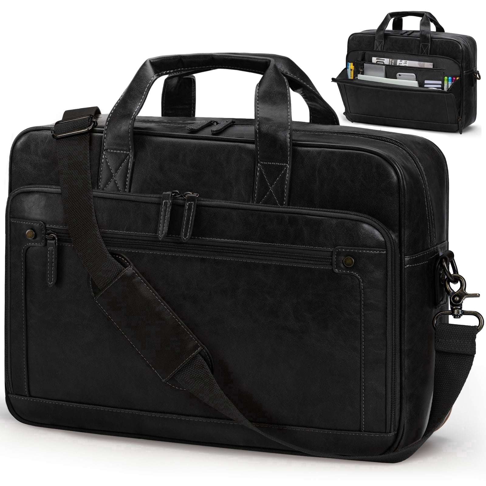IGOLUMON Messenger Bag for Men 16 Inch Laptop Bag Leather Briefcase Vintage Crossbody Shoulder Office Computer Bag Retro College Satchel Bag for Work, Business, Black