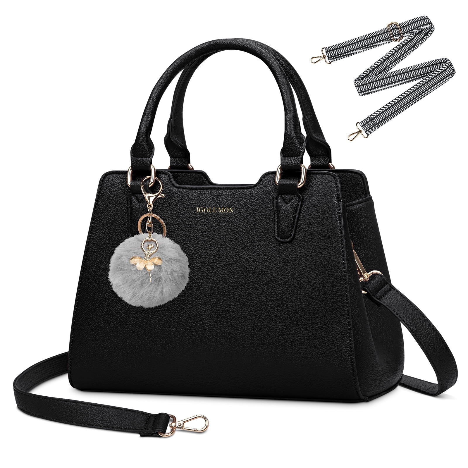 Women's Top Handle Handbag Classic Small Crossbody Bag Leather Tote Purse with Cute Pompom Designer Hobo Purse, Black