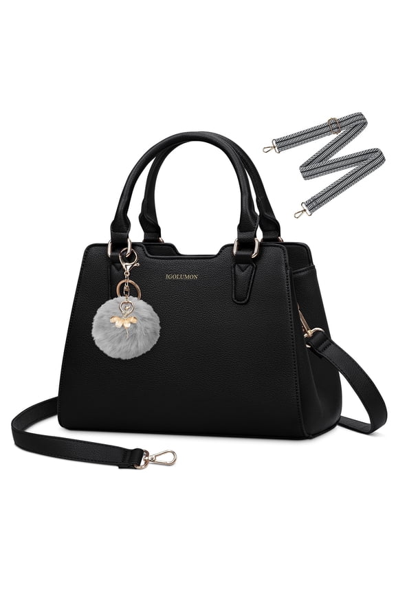 Women's Top Handle Handbag Classic Small Crossbody Bag Leather Tote Purse with Cute Pompom Designer Hobo Purse, Black
