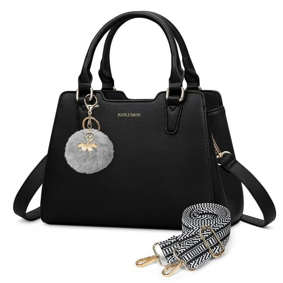 IGOLUMON Women's Top-Handle Handbags PU Vegan Leather Satchel Purses for Women Designer Tote Purse Handbag with Cute Pompom