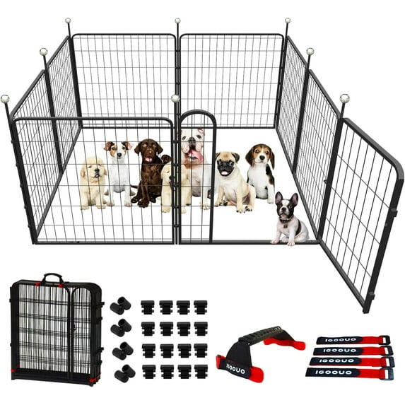 IGOOUO 8-Panel 32-Inch Height Portable Metal Outdoor Pet Playpen for Small & Medium Dogs with Carry Straps, Black