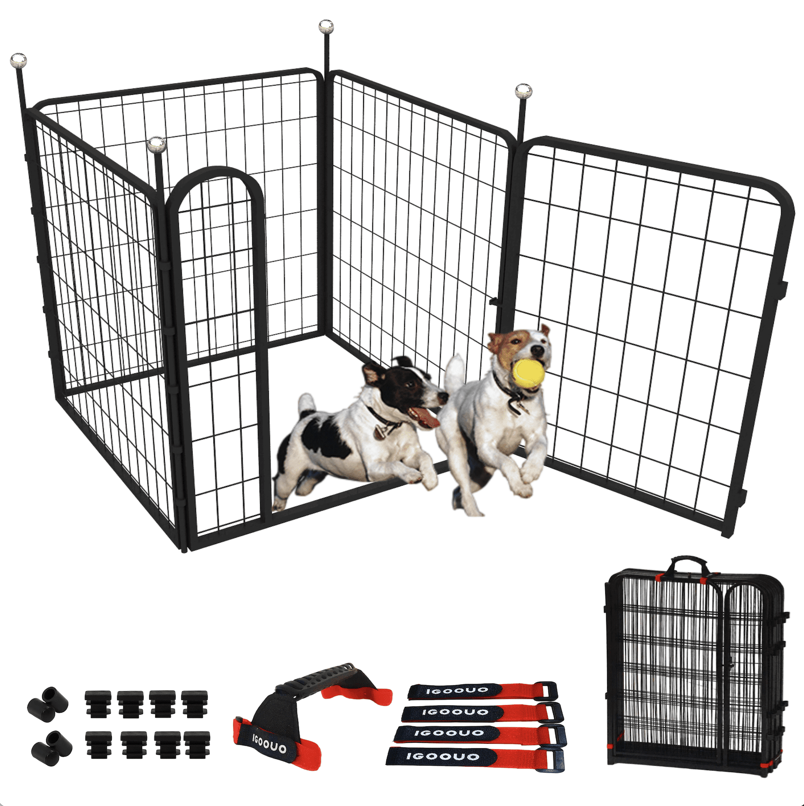 IGOOUO Dog Playpen Indoor/Outdoor,4 Panels 32'' Height Portable Metal Dog Fence with Easy-Carry Straps for Small Dogs,Pet Puppy Playpen for RV Camping Yard Patio