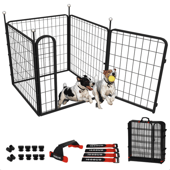 IGOOUO Dog Playpen Indoor/Outdoor,4 Panels 32'' Height Portable Metal Dog Fence with Easy-Carry Straps for Small Dogs,Pet Puppy Playpen for RV Camping Yard Patio