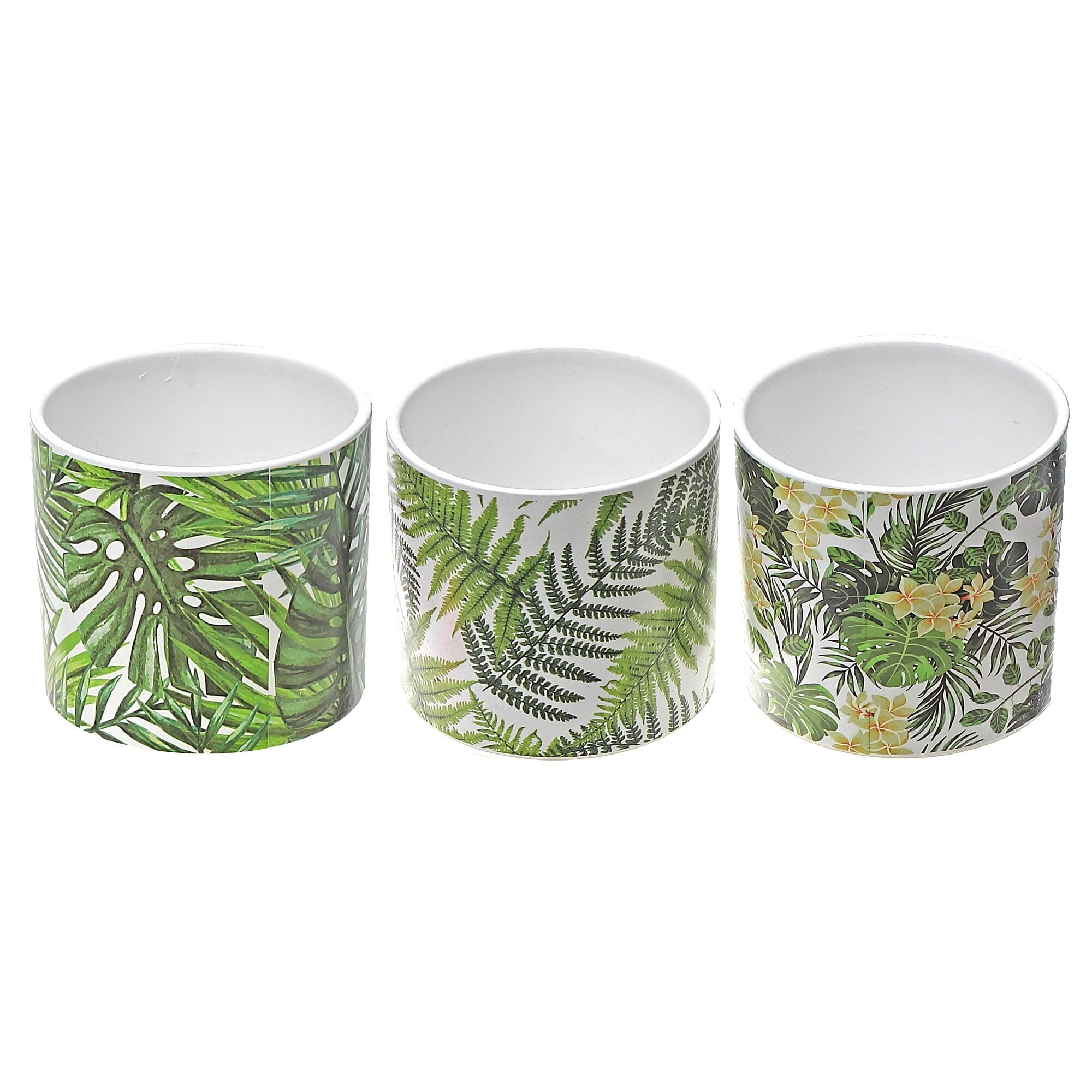 Set of 3 Green Leaf Design Ceramic Planters