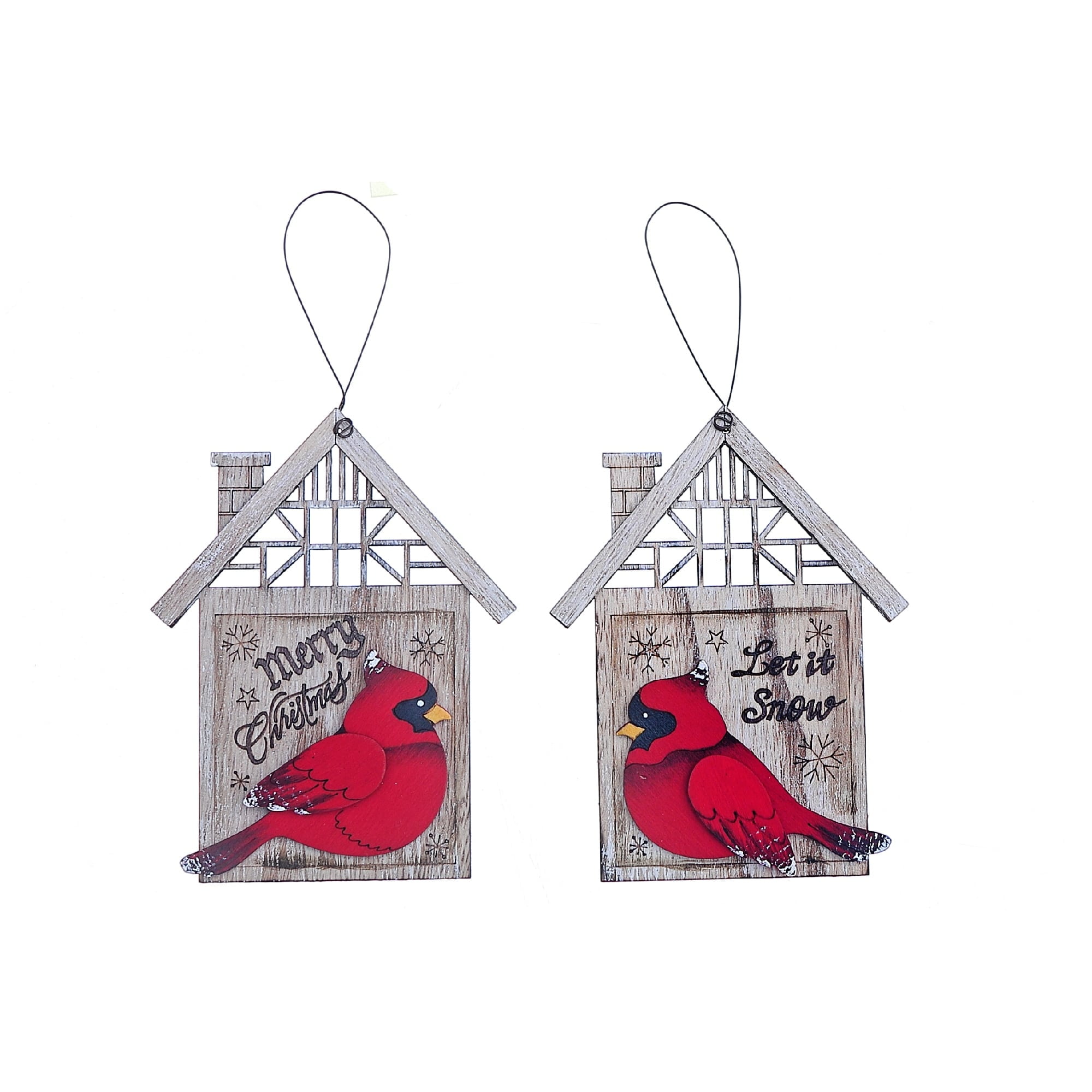 Rustic Wooden Cardinal House Christmas Ornaments Set