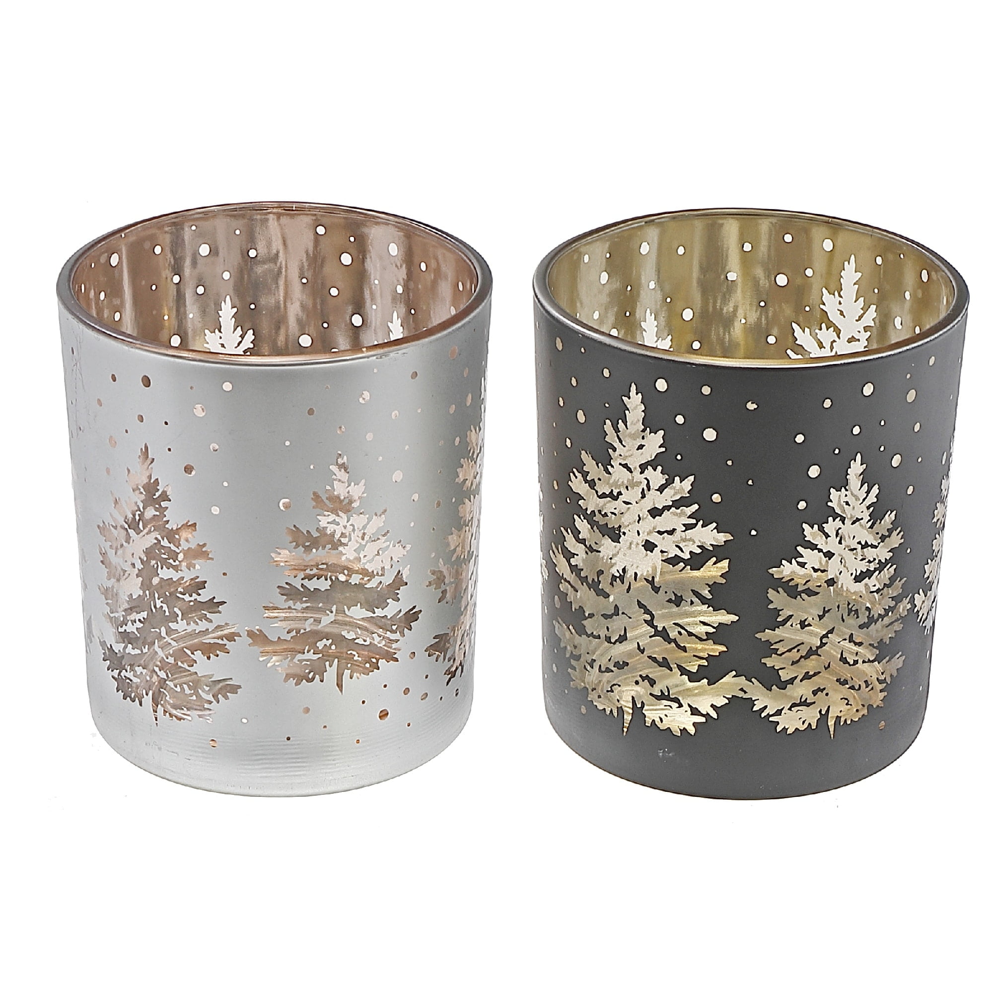 Winter Wonderland Glass Tealight Holders Set in Silver and Black